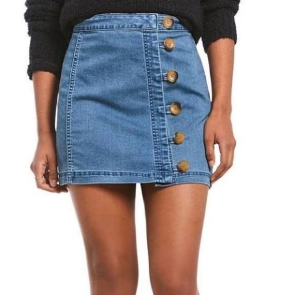 Free People Little Daisies Front Button Black Denim Skirt 4